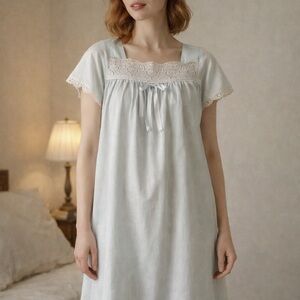 Vintage Handmade Cotton Nightgown Lace Yoke Cottagecore Prairie Sleep Dress